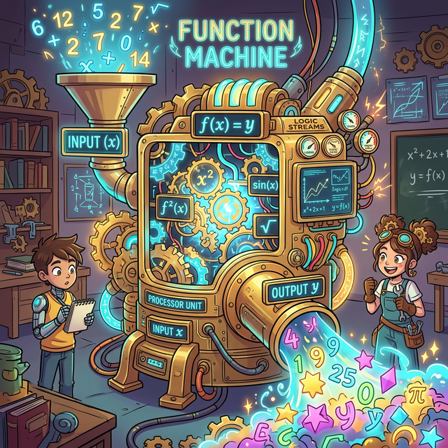 2D 웹툰: 마법과 톱니바퀴가 얽힌 스팀펑크 자판기 기계. 위쪽 깔때기 입구(Input)로는 빛나는 파란 숫자들(X)이 들어가고, 기계 내부의 수학 기호 로직 회로를 거치며 변환되어, 아래쪽 배출구(Output)로는 불타오르는 붉은 숫자와 보석 모양(Y)들이 튀어나오는 매력적인 교육용 일러스트레이션