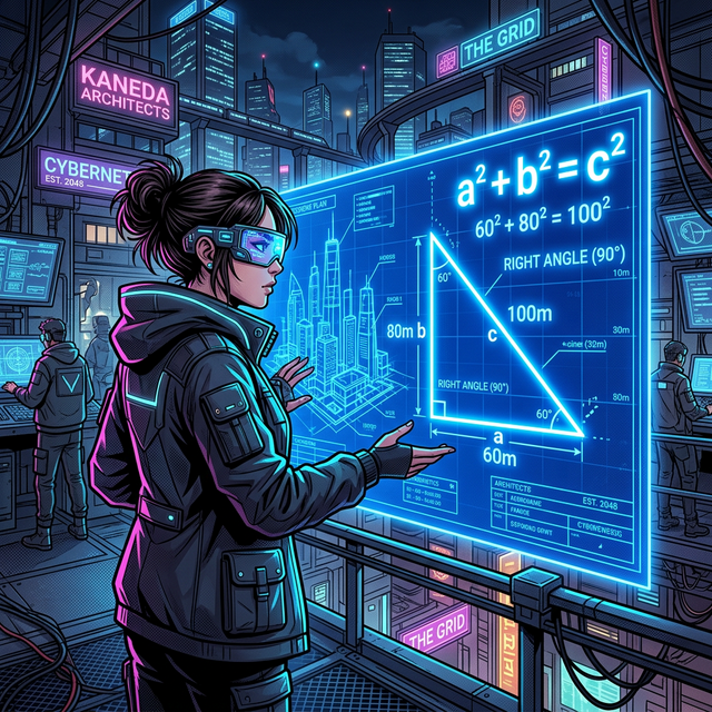 하이테크 VR 안경을 쓴 현대 건축가가 빛나는 블루프린트 위에서 a^2 + b^2 = c^2 공식이 적용된 완벽한 직각삼각형 건축물을 바라보는 모습