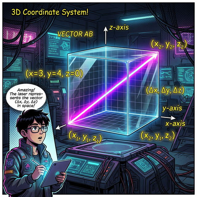 어두운 사이버펑크 룸에 떠 있는 유리 큐브 안으로 강렬하게 쏘아지는 네온 3D 허공 레이저 대각선(x, y, z 렌더링) 웹툰