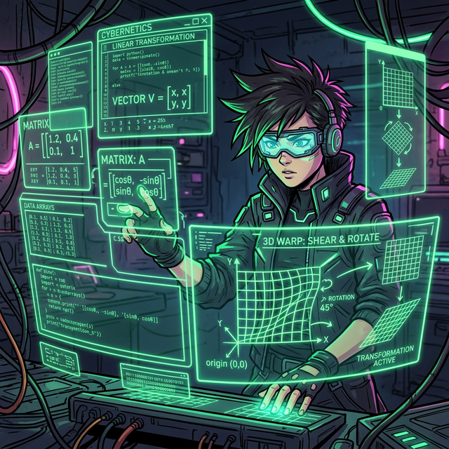 2D 웹툰: 딥그린 네온 화면에서 해커가 행렬 코드를 입력하자, 평범했던 2D 바둑판 격자 우주 좌표계가 3D 공간상으로 찌그러지며 회전하고 기울어지는 기괴한 '선형 변환' 물리 왜곡을 일으키는 장면.