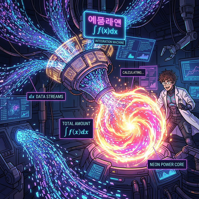 수많은 데이터 조각(dx)들을 빨아들여 거대한 에너지 코어(총합)로 누적시키는 거대한 사이버펑크 적분 기계