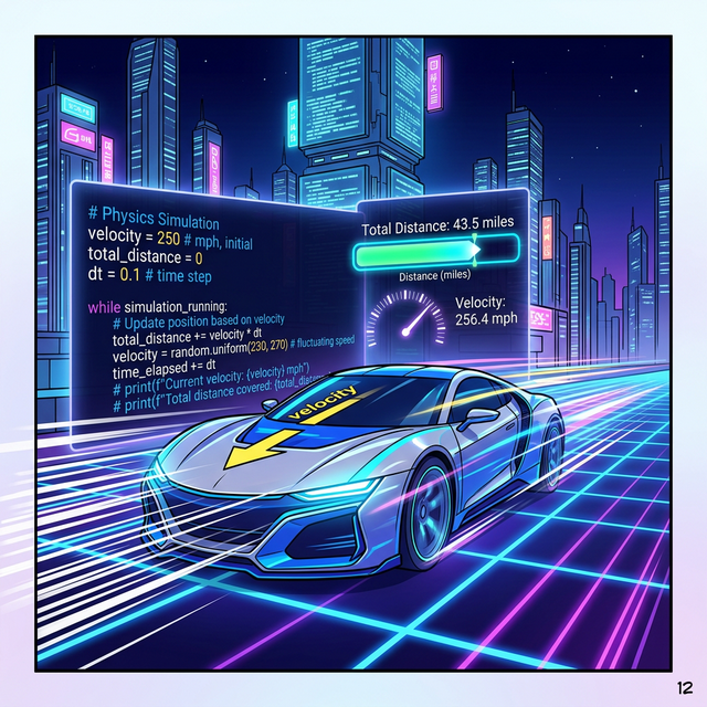 사이버펑크 자율주행 자동차가 속도(Velocity)를 파이썬 루프로 누적하여 총 이동 거리(Total Distance) 바를 채우는 모습